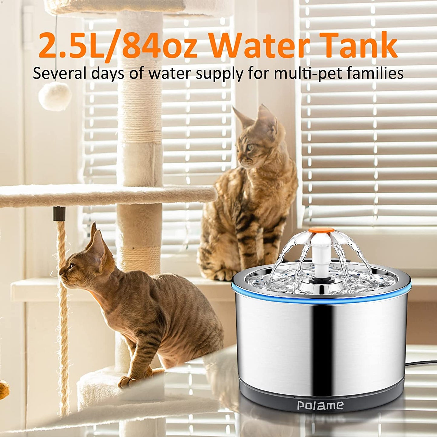 Cat Water Fountain Stainless Steel, Ultra-Quiet Cat Fountains for Drinking, Metal Cat Fountain Pet Water Fountain for Cats Inside, 84Oz/2.5L with Three Water Flow for Cats, Dogs